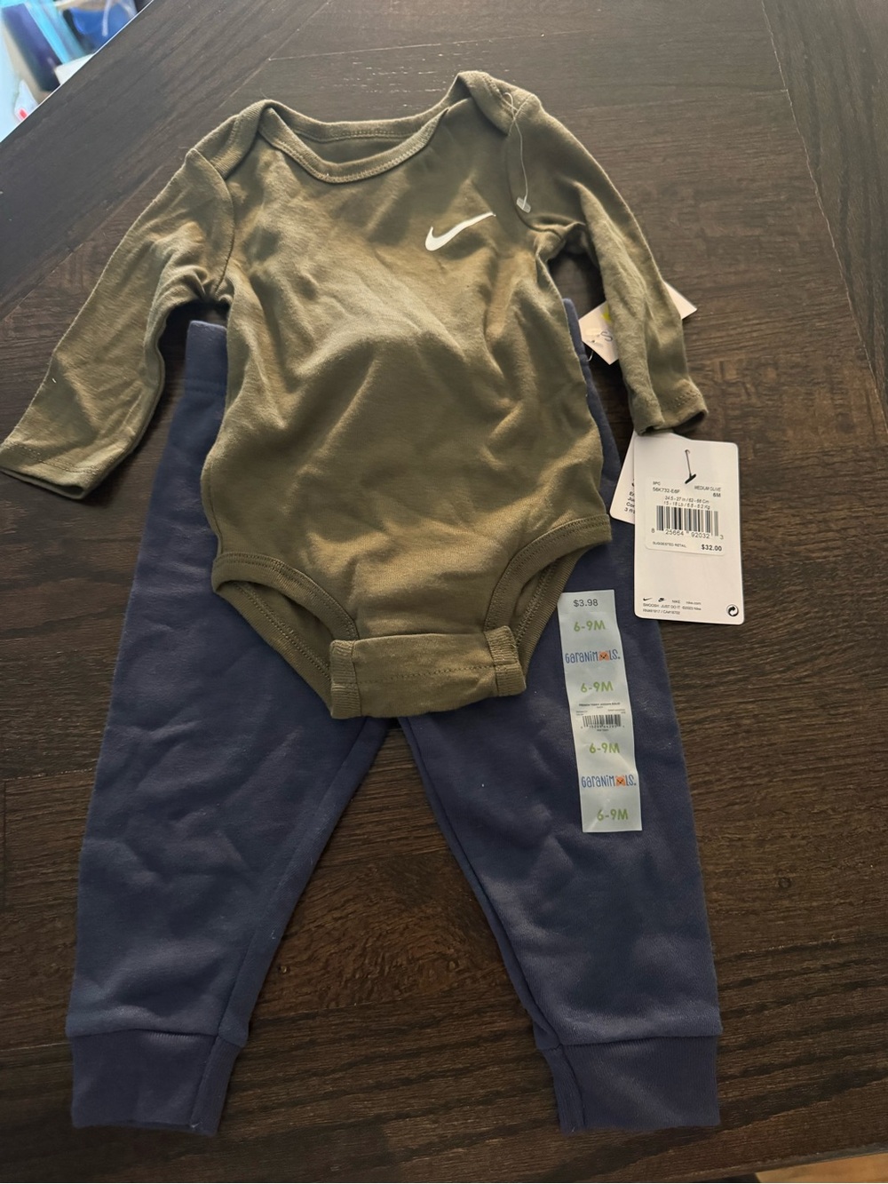 Nike Olive Green Baby Bodysuit with White Swoosh